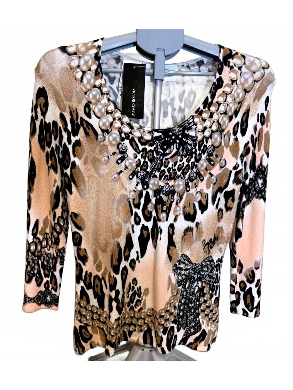 VICTOR COSTA M SPRING SWEATER 3/4 SLEEVE SCOOP NECK LEOPARD PEARL &BOW PRINT NWT